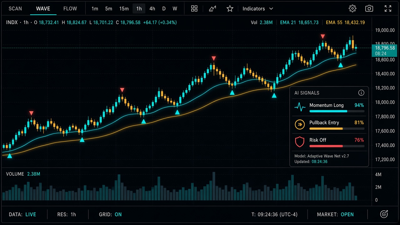 AI client brief overlay on a dark candlestick chart